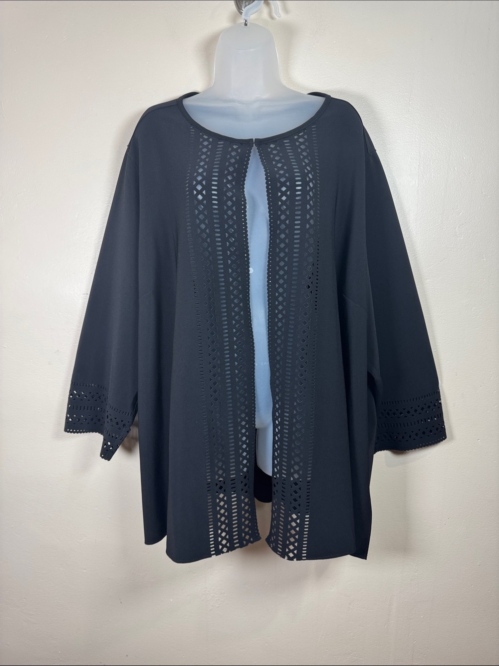 Susan Graver plus Size Black Open Front Laser-Cut Jacket 4X office Career